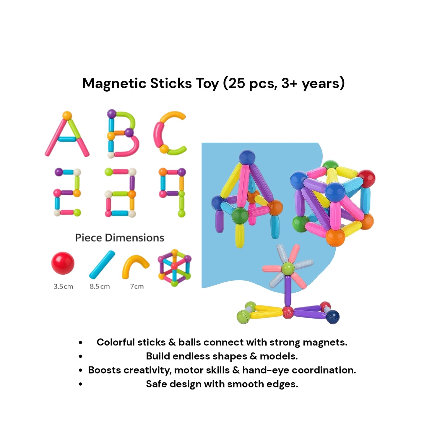 KidzAge Learning Combo | Play & Learn Intelligence Book + STEM Magnetic Sticks (25 pcs) | Educational & Creative Toy
