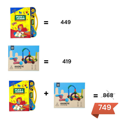 KidzAge Learning Combo | Play & Learn Intelligence Book + STEM Magnetic Sticks (25 pcs) | Educational & Creative Toy