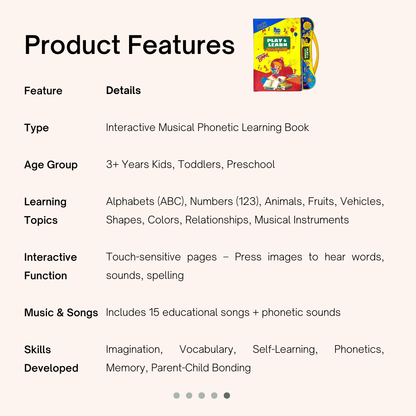 Play & Learn Intelligence Book | Interactive Musical Phonetic Learning for Kids 3+ | Educational ABC & 123 E-Learning Toy for Toddlers