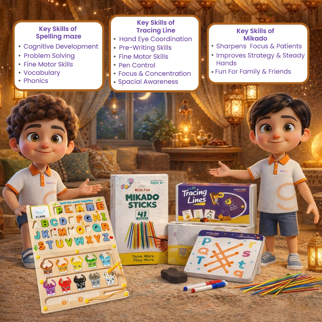 KidzAge Eid Learning Combo Gift | Spelling Maze + Tracing Line + Mikado Sticks Game