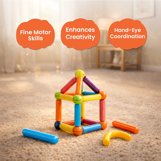 Kids magnetic building toy showing 3D shapes like pyramid and cube made with colorful sticks and balls