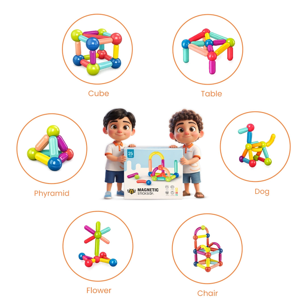 Child building colorful structures using STEM magnetic sticks educational toy at home