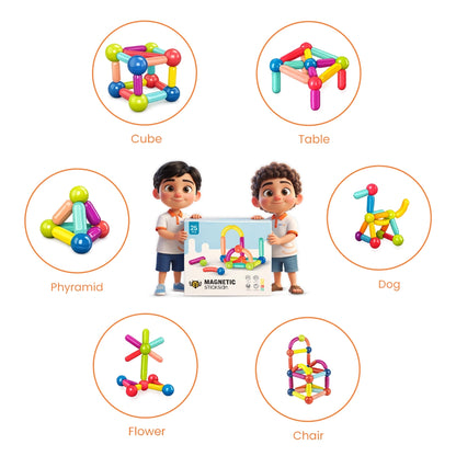 Child building colorful structures using STEM magnetic sticks educational toy at home