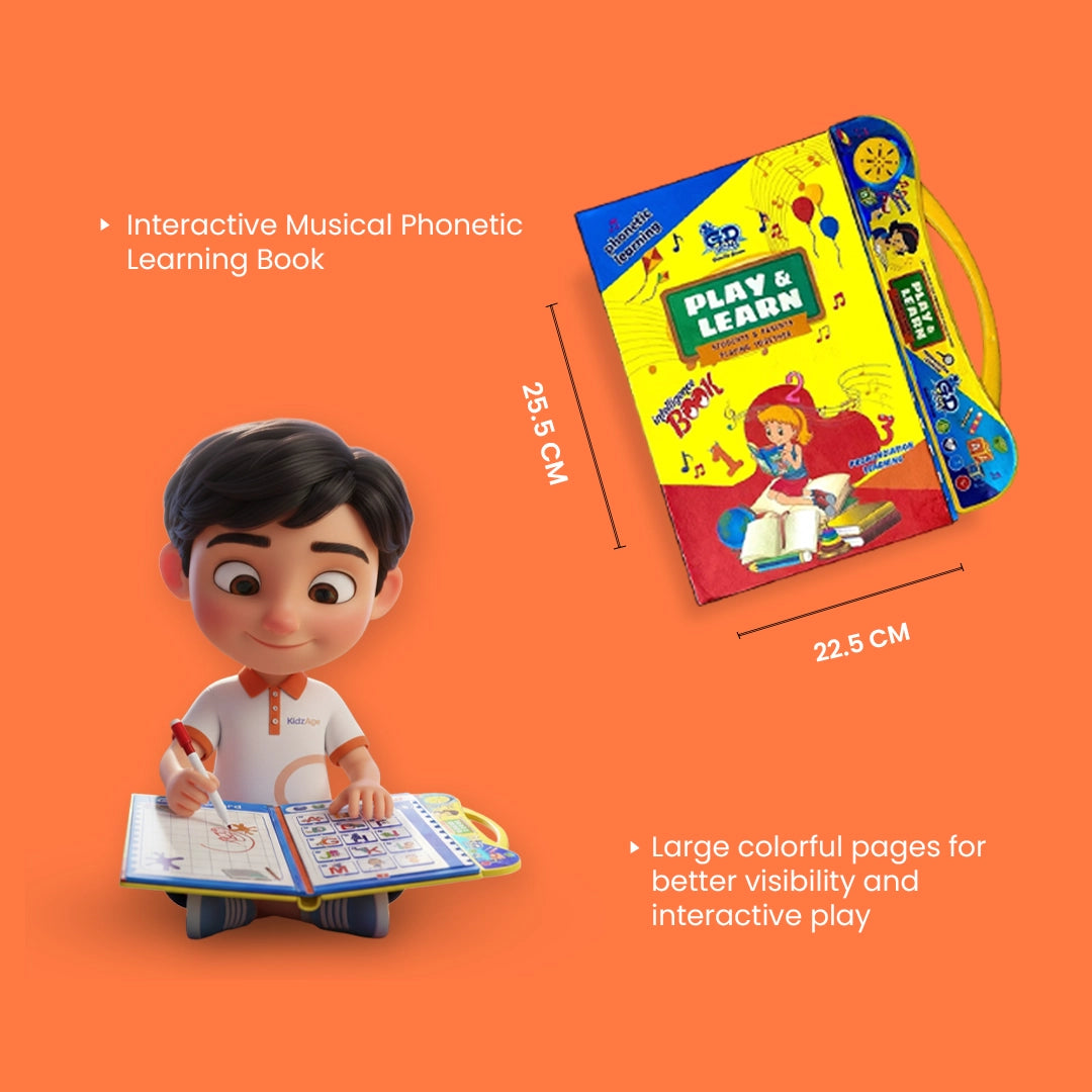 Colorful touch and learn intelligence book showing alphabet letters and number learning pages for toddlers