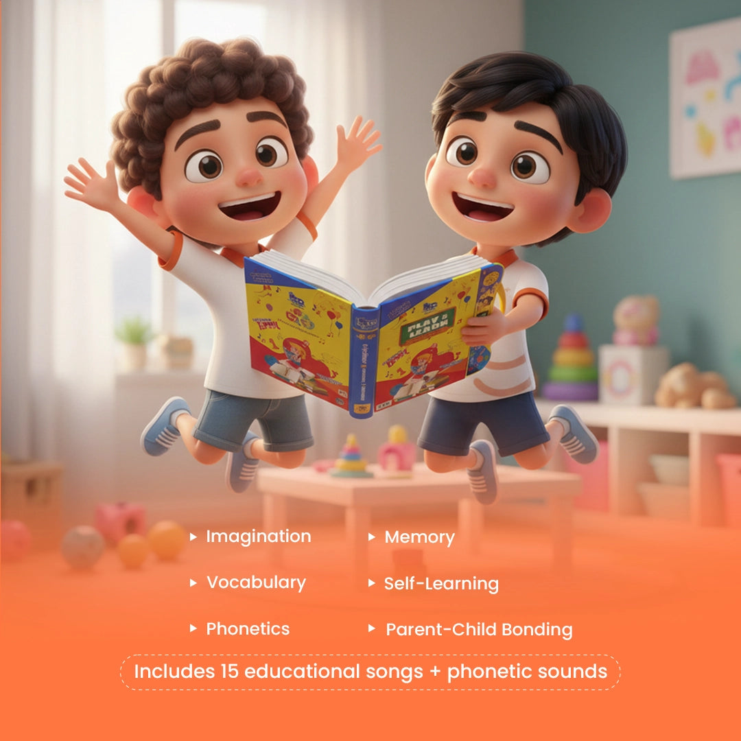 Child pressing sound button on interactive musical educational book for phonics and word learning