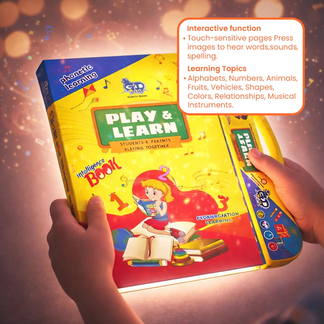 Toddler using interactive musical intelligence book for early learning and skill development at home