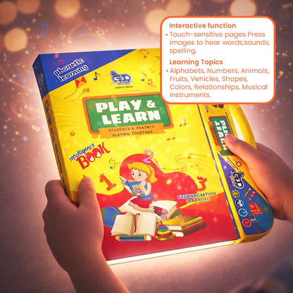 Toddler using interactive musical intelligence book for early learning and skill development at home