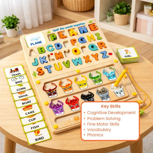 Wooden spelling maze board for kids age 3+ Montessori letter and color matching educational toy