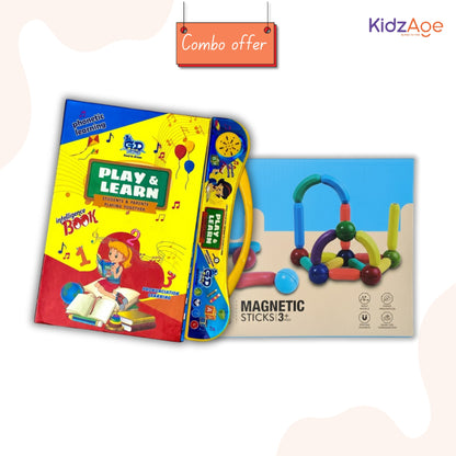 KidzAge Learning Combo | Play & Learn Intelligence Book + STEM Magnetic Sticks (25 pcs) | Educational & Creative Toy
