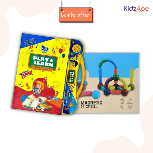 KidzAge Learning Combo | Play & Learn Intelligence Book + STEM Magnetic Sticks (25 pcs) | Educational & Creative Toy