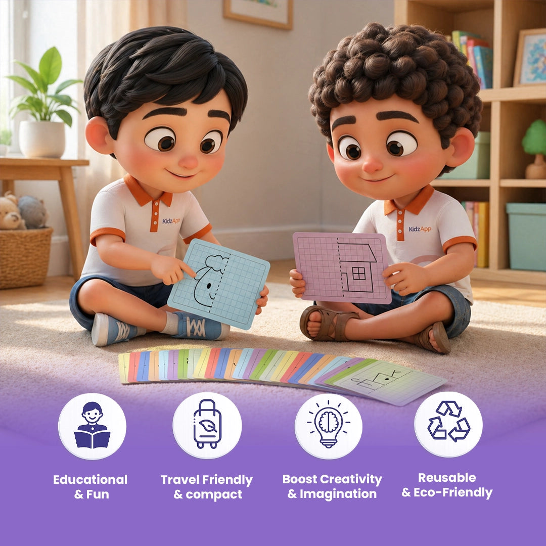 kids using symmetry drawing board with grid pattern creative learning activity